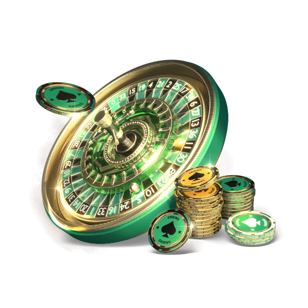 Green and gold roulette wheel with casino chips